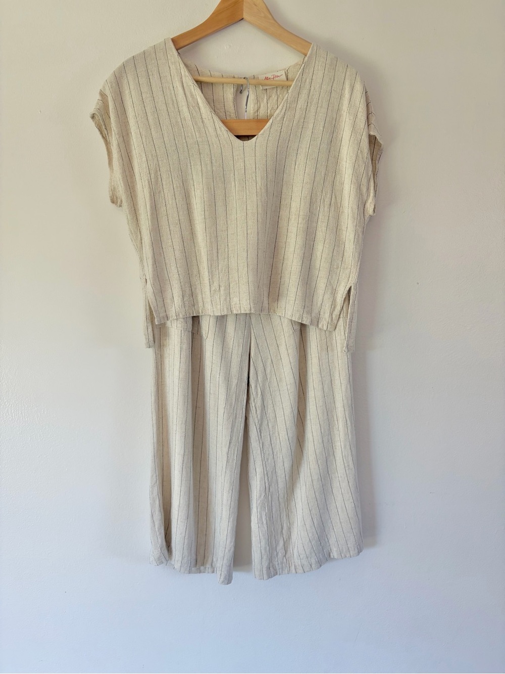 Allie Rose Cream & Black Striped Linen Blend Boxy Crop Top & Wide Leg Crop Pants